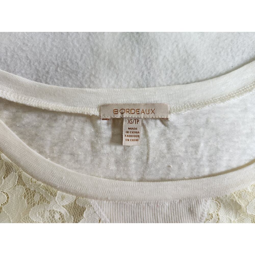 Bordeaux Anthropologie Cream Linen Lace Trim Short Sleeve Top XS Floral Boho - Picture 3 of 6